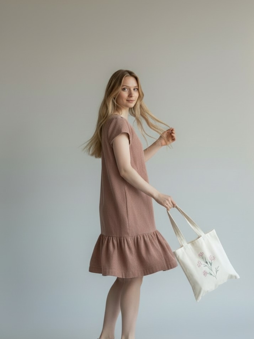 Anthropologie Mauve Textured Ruffle-Hem Short Sleeve Dress